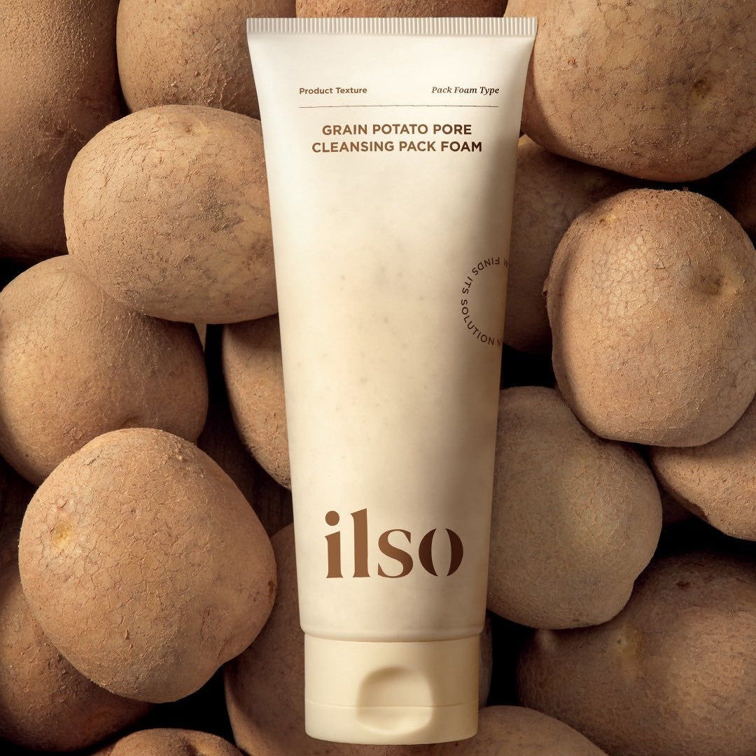 ILSO Grain Potato Cleansing Pack Foam 150ml de la marque ILSO, flacon sur patates de terre en contexte spa.