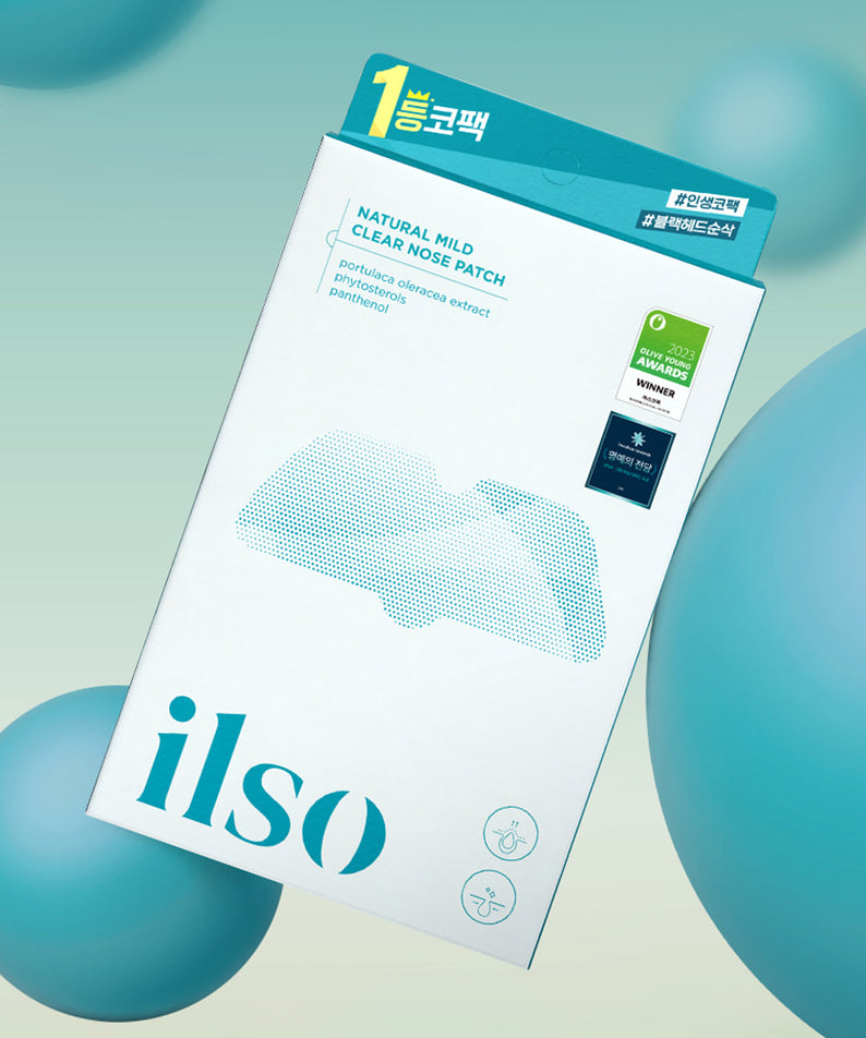 ILSO Natural Mild Clear Nose Pack, pack facial ILSO sur fond bleu, boîte produit en vue rapprochée.