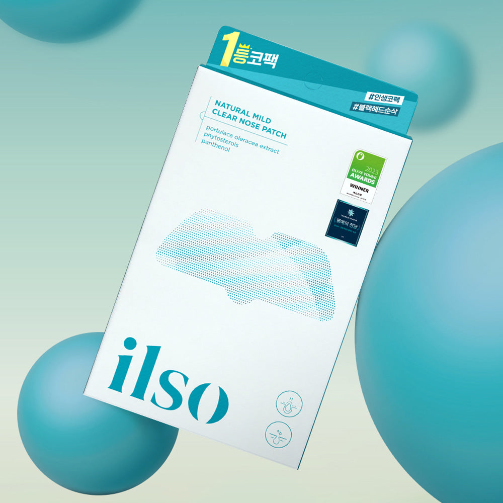 ILSO Natural Mild Clear Nose Pack, pack facial ILSO sur fond bleu, boîte produit en vue rapprochée.