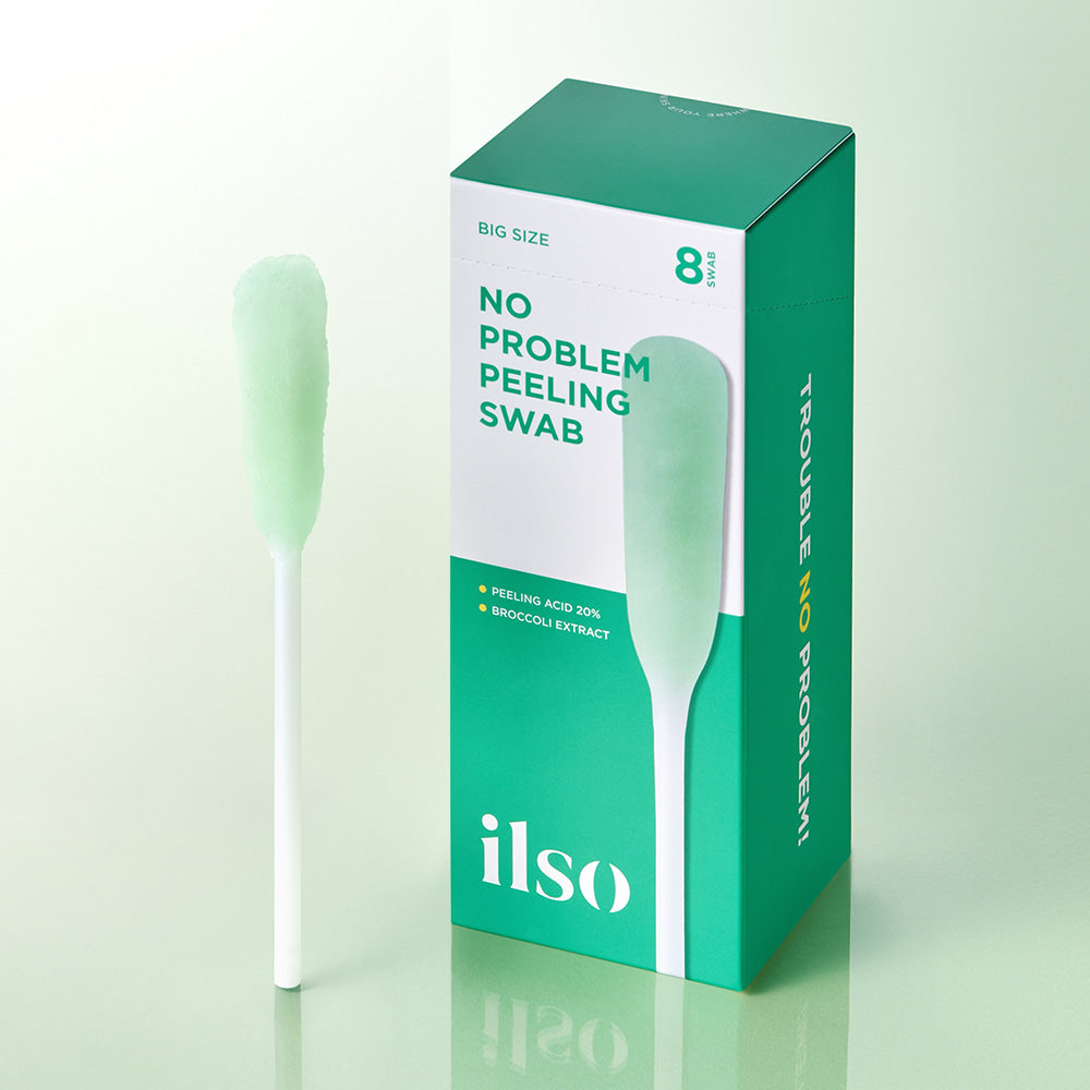 ILSO No Trouble Peeling Swab 8 sheets ILSO, boîte verte et écouvillon sur fond clair, visuel produit en gros plan.