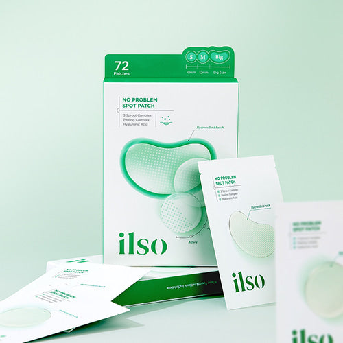ILSO No Trouble Spot Patch, marque ilso : boîte verte et patchs hydrocolloïdes sur fond clair, contexte produit