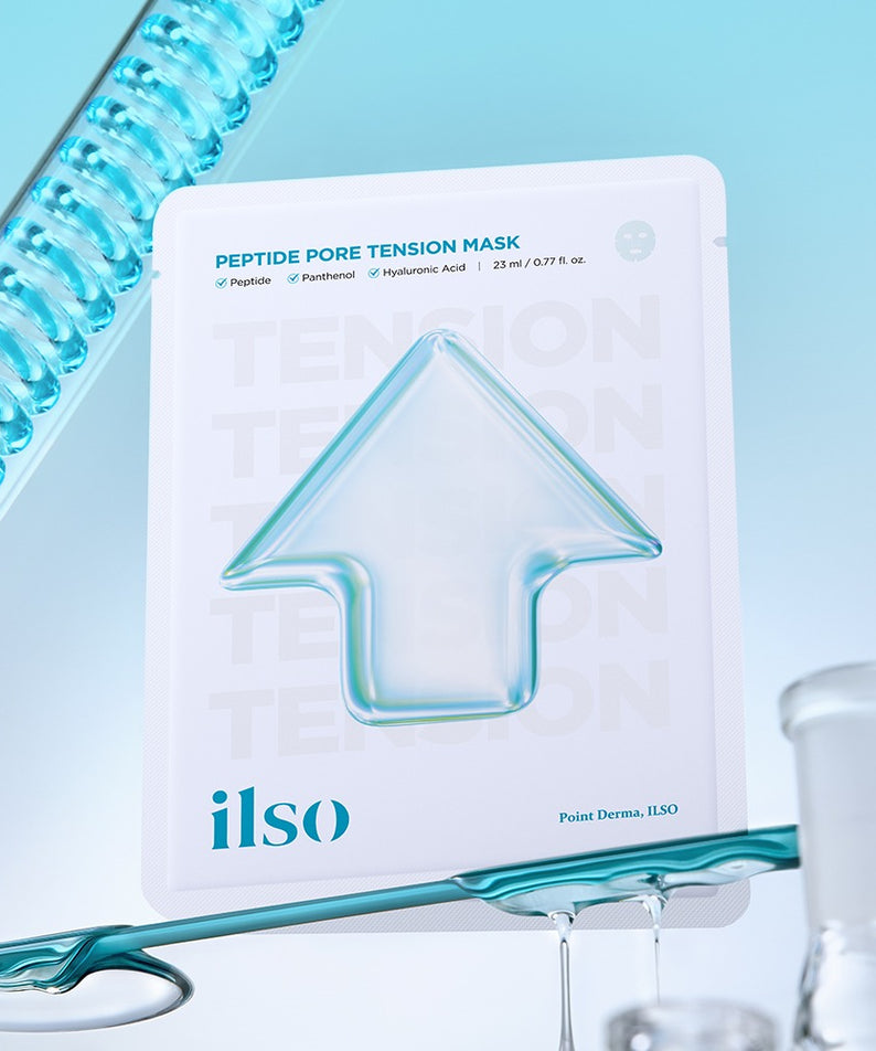 ILSO Peptide Pore Tension Mask 1 Sheets de la marque ILSO sur fond bleu, pack de masque et sérum.
