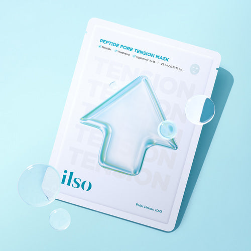 ILSO Peptide Pore Tension Mask 1 Sheets, masque visage ILSO sur fond bleu, visuel produit emballage