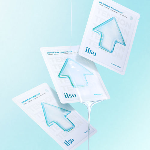 ILSO Peptide Pore Tension Mask 1 Sheets : masques ILSO en feuilles, pack sur fond bleu, visuel produit.