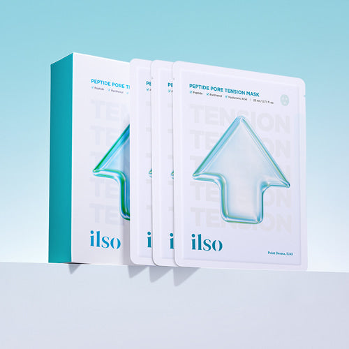 ILSO Peptide Pore Tension Mask 1 Sheets d’ILSO : masques en feuilles sur fond bleu clair, emballage vert et blanc