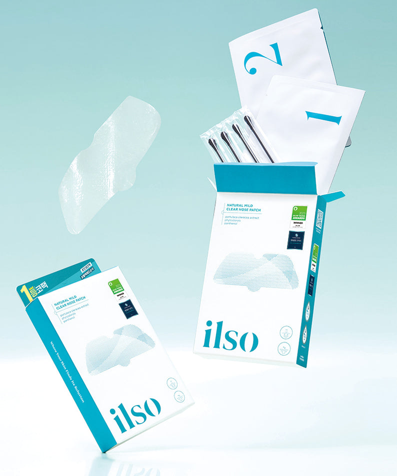 Produit ILSO Natural Mild Clear Nose Pack - Solution douce et naturelle pour un nettoyage efficace du nez. Emballage et patchs visibles.