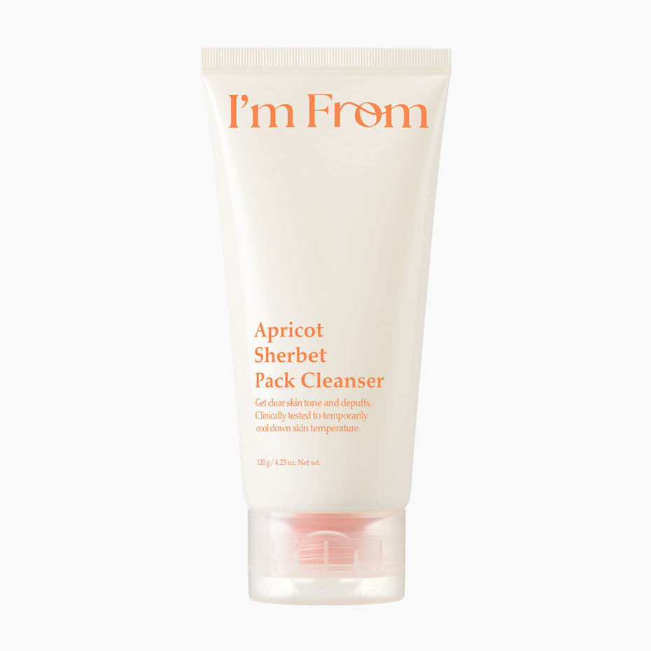 I'M FROM Apricot Sherbet Pack Cleanser 120ml, tube crème de skincare sur fond blanc, marque I'M From visible.