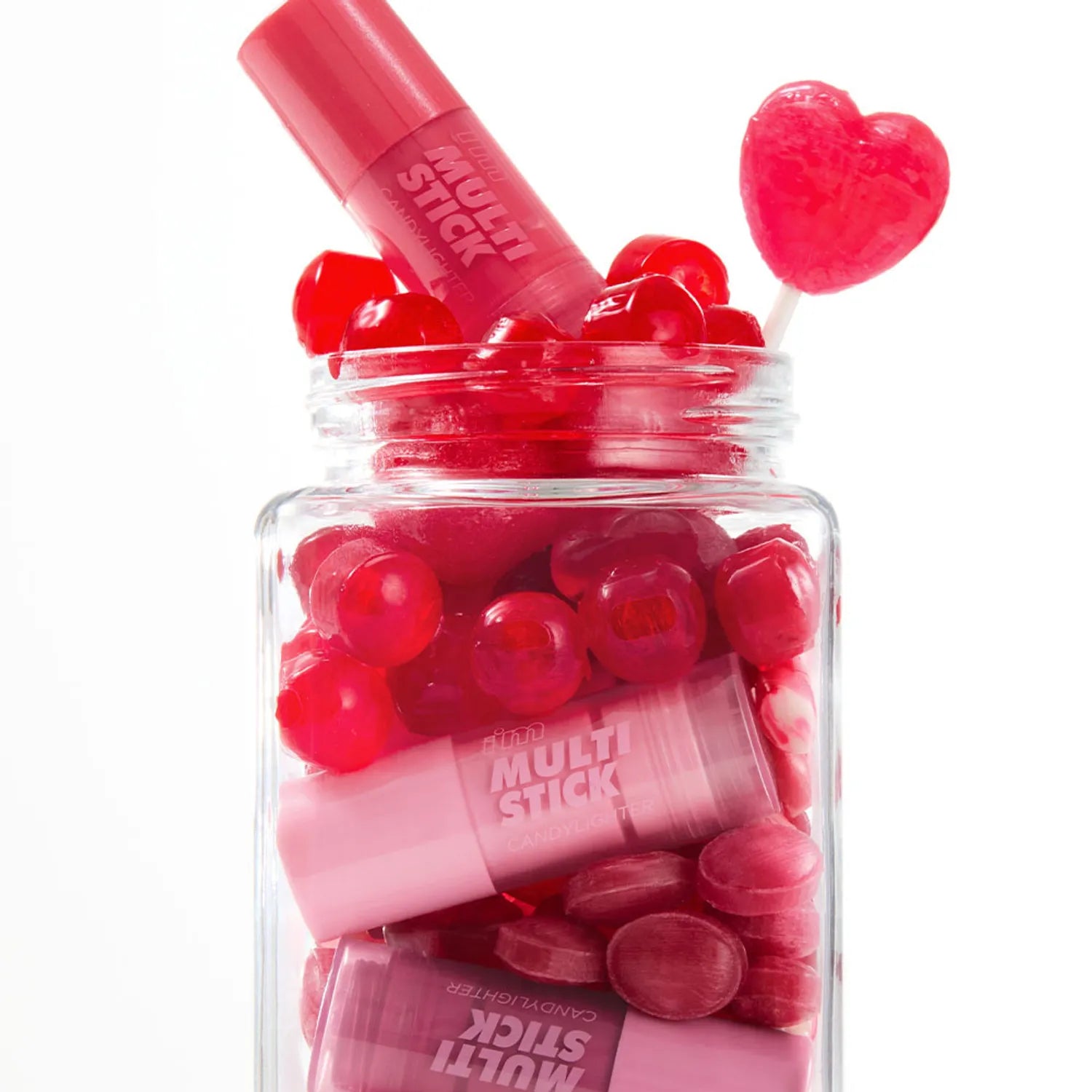 I'M MEME Multi-Stick Candy Lighter, marque visible, stick bonbon rouge dans un pot, visuel cœur et rouge foncé.