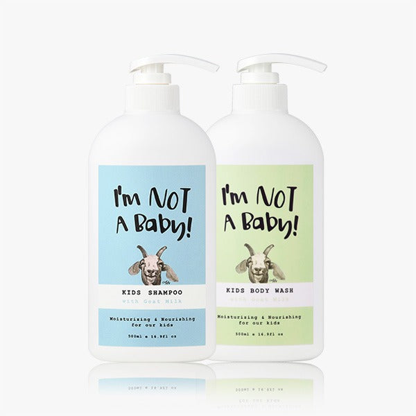 I'M NOT BABY Kids Shampoo 500ml + Kids Body Wash 500ml de la marque, flacons jumeaux sur fond blanc.