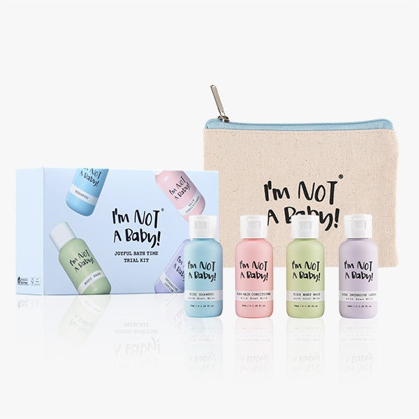 I'M NOT BABY Trial Kit Children's Travel Set Shampoo Conditioner Body Wash Lotion, coffret pour enfants avec trousse et bouteilles en visuel.