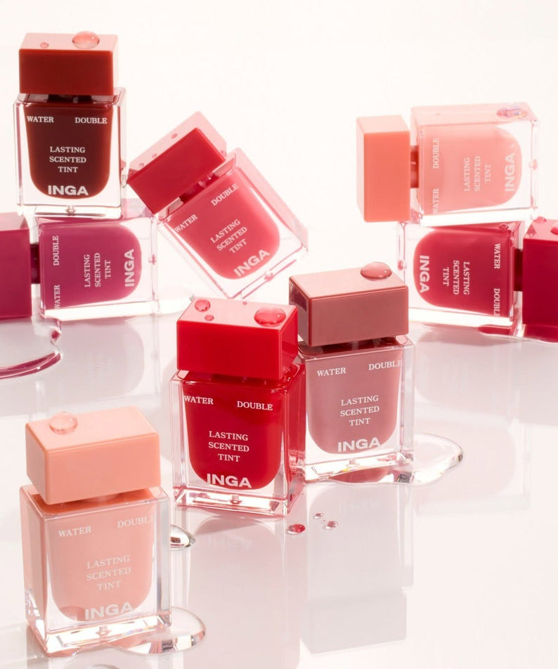 INGA Water Double Lasting Scented Tint 4.3g, marque INGA, vue produits rouges sur fond blanc, packaging brillant.