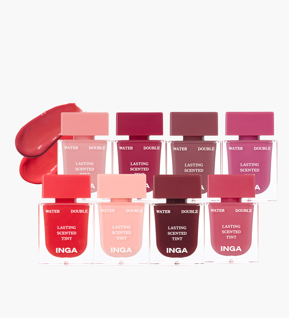 INGA Water Double Lasting Scented Tint 4.3g, collection de teintes rouges et roses sur fond clair, flacons INGA.
