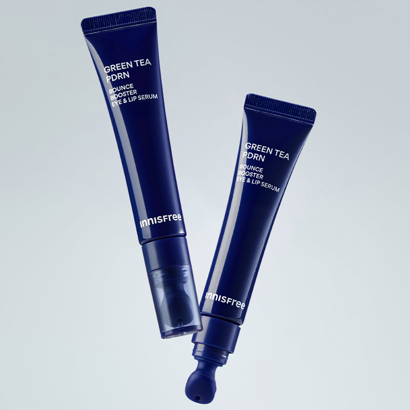 INNISFREE Green Tea PDRN Eye & Lip Serum 15ml, deux tubes bleus sur fond clair, marque Innisfree, contexte produit.