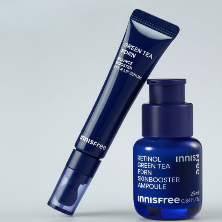 INNISFREE Green Tea PDRN Eye & Lip Serum 15ml : tube bleu et flacon sur fond clair, produit visage Innisfree.