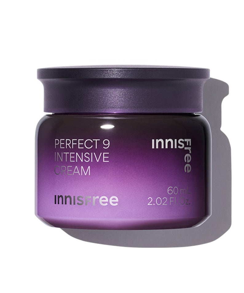 Crème hydratante INNISFREE Perfect 9 Intensive Cream 60ml dans un pot violet lisse, soin de la peau luxueux.