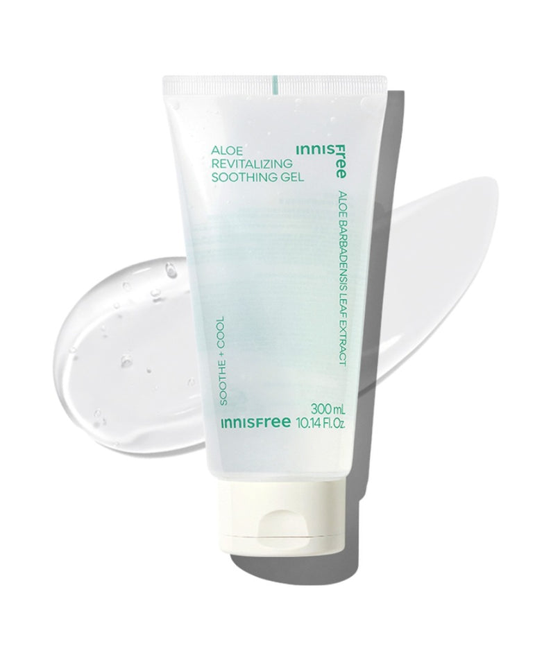 Gel apaisant INNISFREE Aloe Revitalizing Soothing Gel 300ml avec extrait d'aloe pour peaux hydratées et rafraîchies.