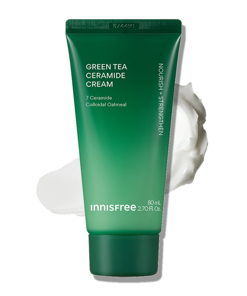 Crème INNISFREE Green Tea Ceramide 80ml (Tube) pour nourrir et renforcer la peau avec thé vert et céramide, fond blanc.
