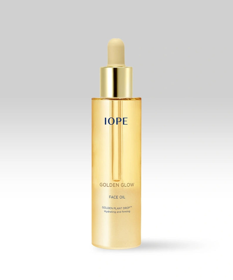 IOPE Golden Glow Face Oil 40ml, flacon doré sur fond clair, huile visage de la marque IOPE, lumière élégante.