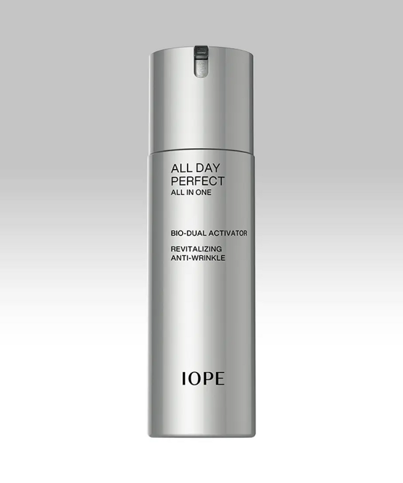 IOPE Men All Day Perfect All In One 120ml de IOPE, flacon argent sur fond clair, produit soins visage homme