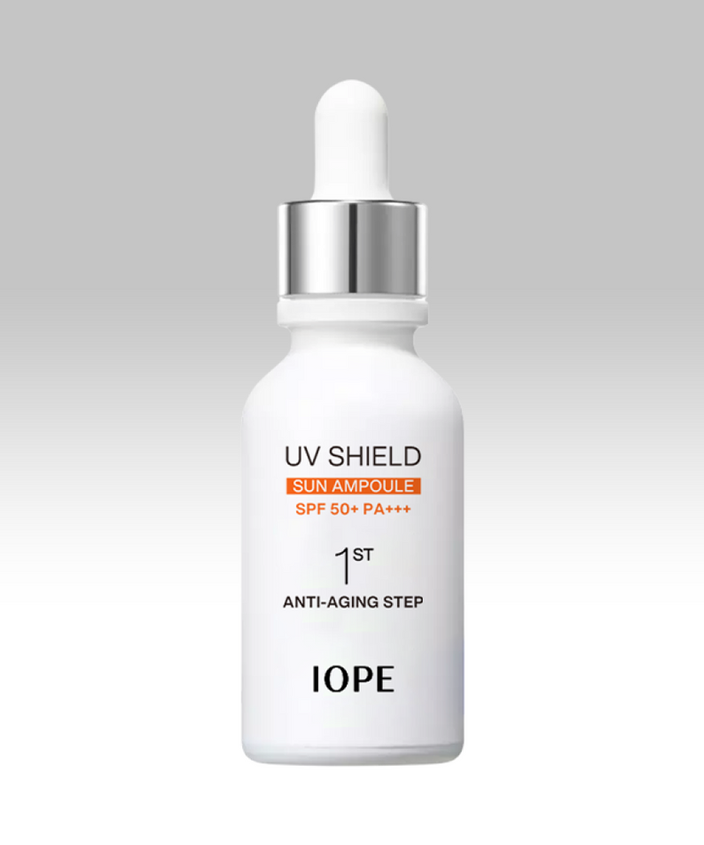 IOPE UV Sheild Sun Ampoule SPF 50+PA+++ 40ml, flacon sérum solaire blanc sur fond clair, pack produit en gros plan