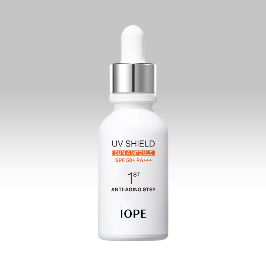 IOPE UV Sheild Sun Ampoule SPF 50+PA+++ 40ml, flacon sérum solaire blanc sur fond clair, pack produit en gros plan