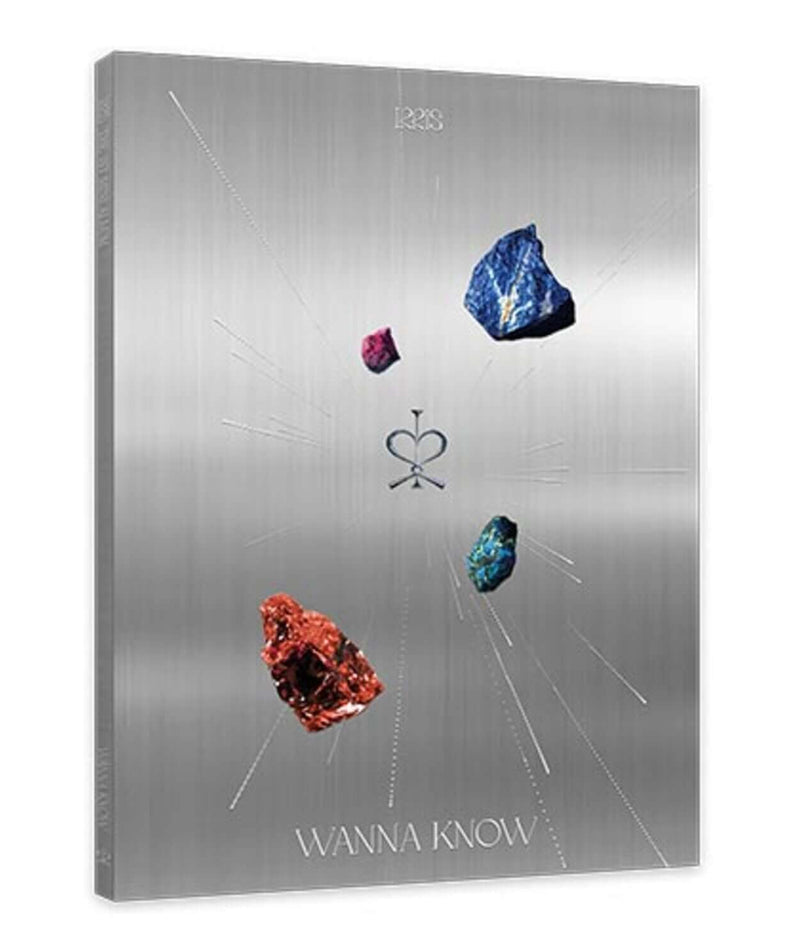IRRIS - [WANNA KNOW] - Album Kpop : jaquette argentée, visuels cristaux bleus/rouges, fond futuriste.