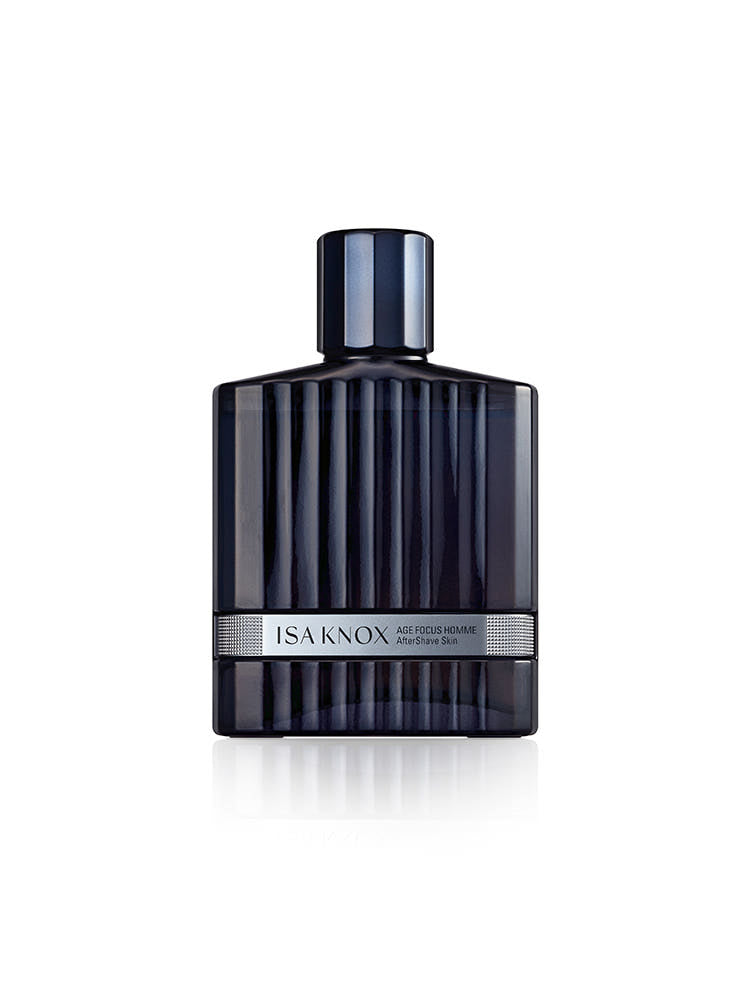 ISAKNOX  Age Focus Homme After Shave Skin 150ml, flacon noir sur fond blanc, vue produit en contexte beauté.