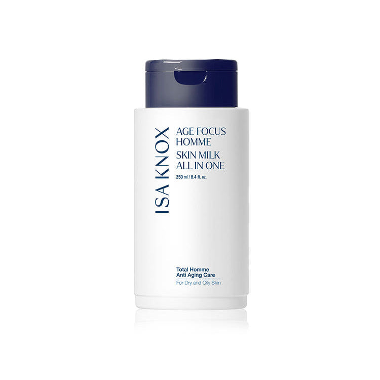 ISAKNOX  Age Fous Homme Skin Milk All-in-One 250ml, flacon blanc et bleu sur fond clair, produit de soin homme
