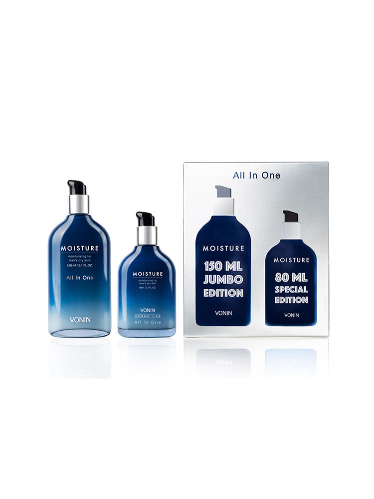 ISAKNOX  Bonin All-in-One Moisture 150ml + 80ml : flacons bleus et boîte, produits cosmétiques sur fond blanc.
