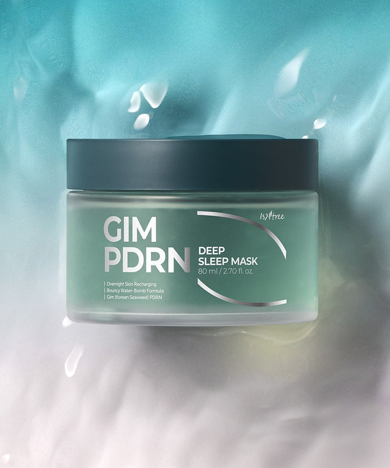 ISNTREE  Gim PDRN Deep SLeep Mask 80ml, pot cosmétique vert sur fond bleu, ambiance nuit et hydratation