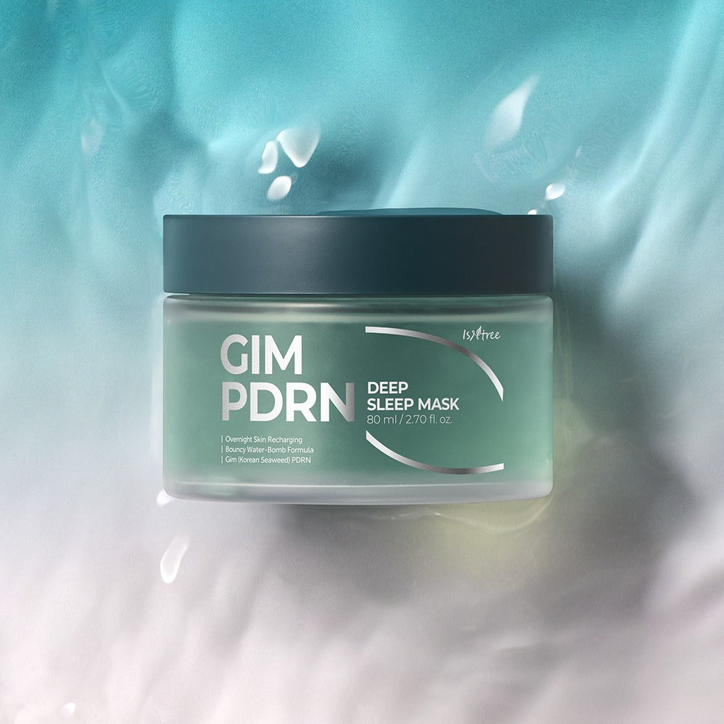 ISNTREE  Gim PDRN Deep SLeep Mask 80ml, pot cosmétique vert sur fond bleu, ambiance nuit et hydratation