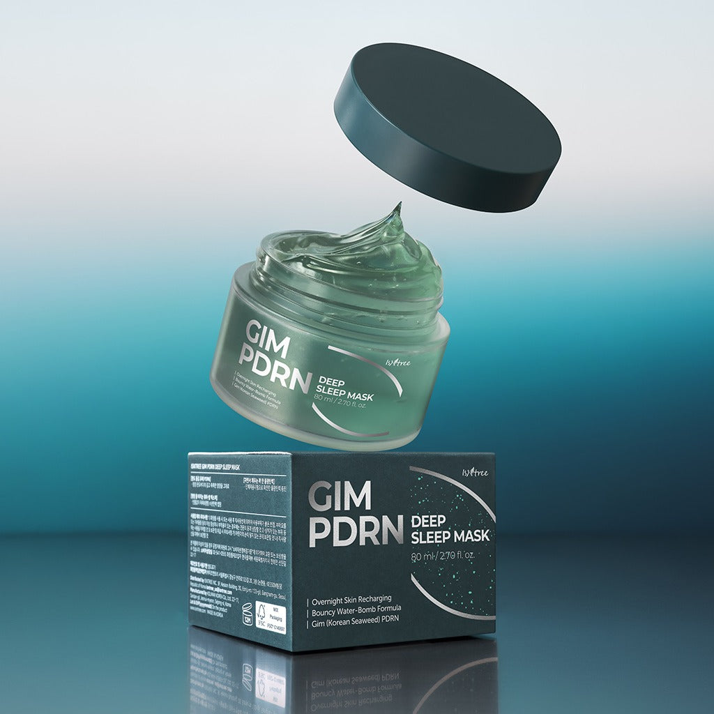 ISNTREE  Gim PDRN Deep SLeep Mask 80ml : pot vert en verre et boîte, fond bleu apaisant, scène skincare