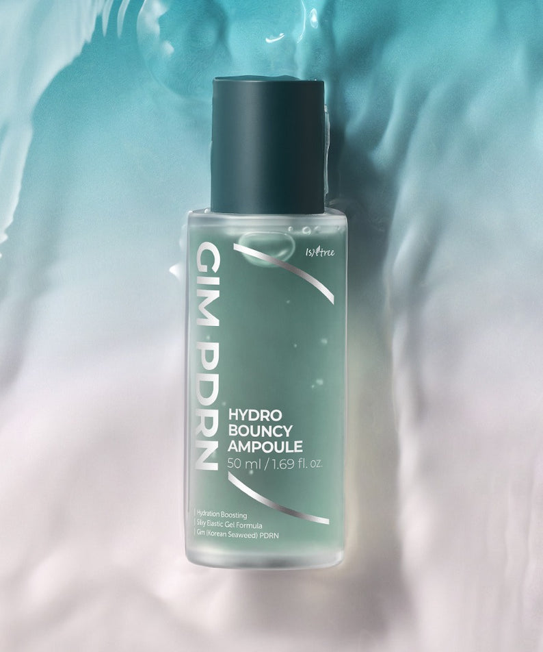 ISNTREE  Gim PDRN Hydro Bouncy Ampoule 50ml, flacon skincare sur fond bleu glacé, bulles et tissu texturé