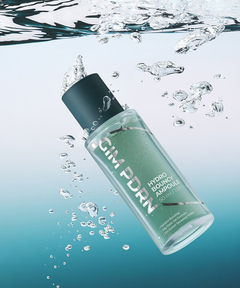 ISNTREE  Gim PDRN Hydro Bouncy Ampoule 50ml, flacon vert, bulles et éclaboussures d’eau, contexte aquatique en studio