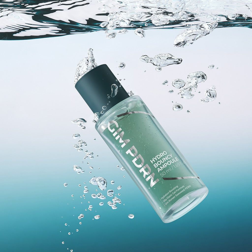 ISNTREE  Gim PDRN Hydro Bouncy Ampoule 50ml, flacon vert, bulles et éclaboussures d’eau, contexte aquatique en studio