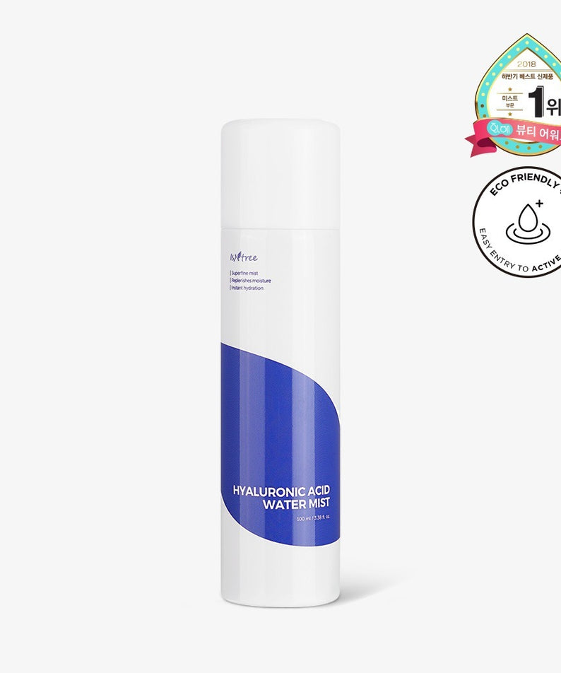ISNTREE Hyaluronic Acid Water Mist 100ml, flacon blanc sur fond clair, brume hydratante pour le visage