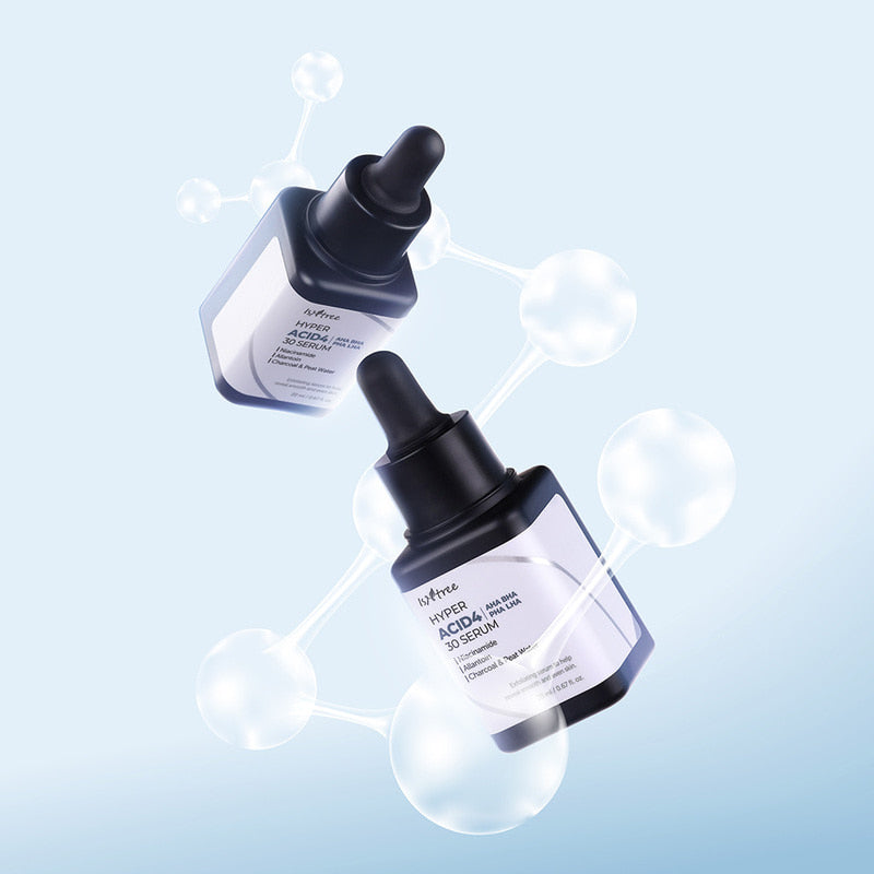 ISNTREE Hyper Acid 4 AHA BHA PHA RHA 30 Serum 20ml, marque ISNTREE, flacons noirs sur fond bleu, bulles 3D
