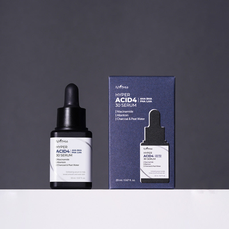 ISNTREE Hyper Acid 4 AHA BHA PHA RHA 30 Serum 20ml, bouteille et boîte sur fond sombre, soin exfoliant visage