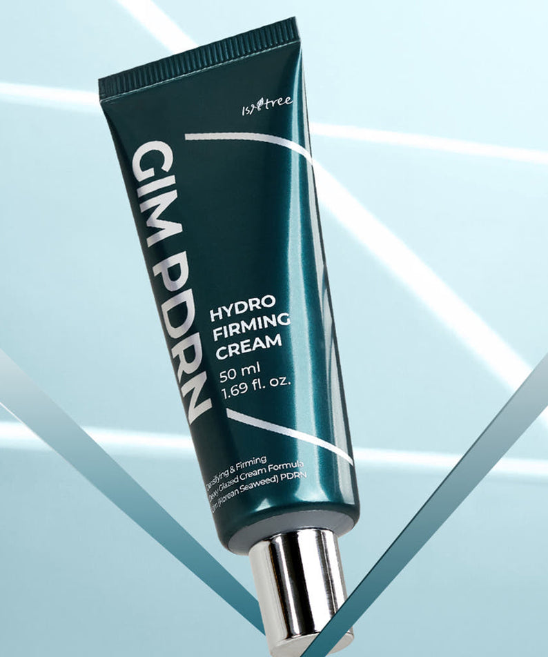 ISNTREE Kim PDRN Hydro Firming Cream 50ml, tube crème sur fond bleu géométrique, marque ISNTREE en évidence