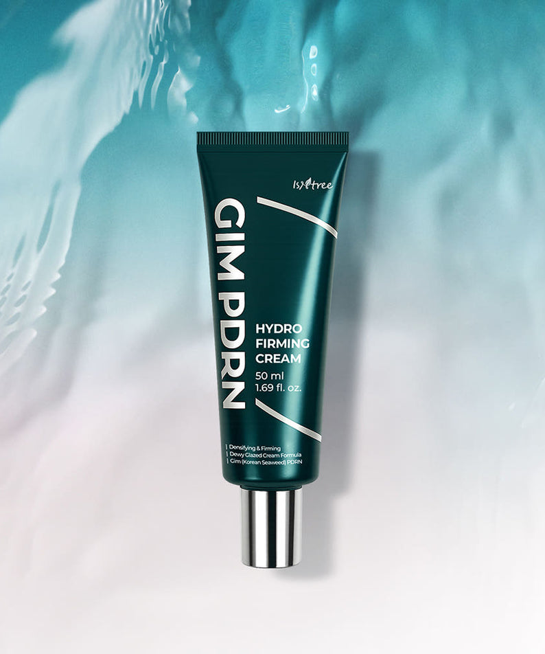 ISNTREE Kim PDRN Hydro Firming Cream 50ml, crème hydratante firming dans un décor bleu apaisant, tube produit