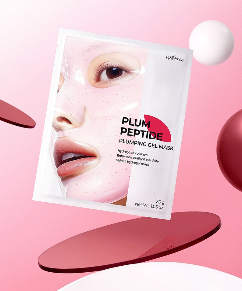 ISNTREE Plum Peptide Plumping Gel Mask 30g x 4 sheets : masque en gel plum, marque ISNTREE, packaging rose sur fond pastel