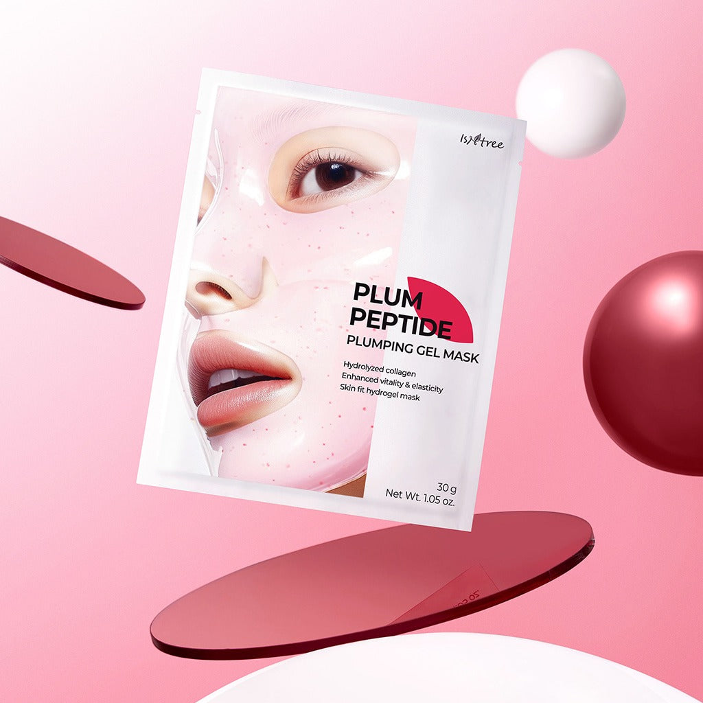 ISNTREE Plum Peptide Plumping Gel Mask 30g x 4 sheets : masque en gel plum, marque ISNTREE, packaging rose sur fond pastel