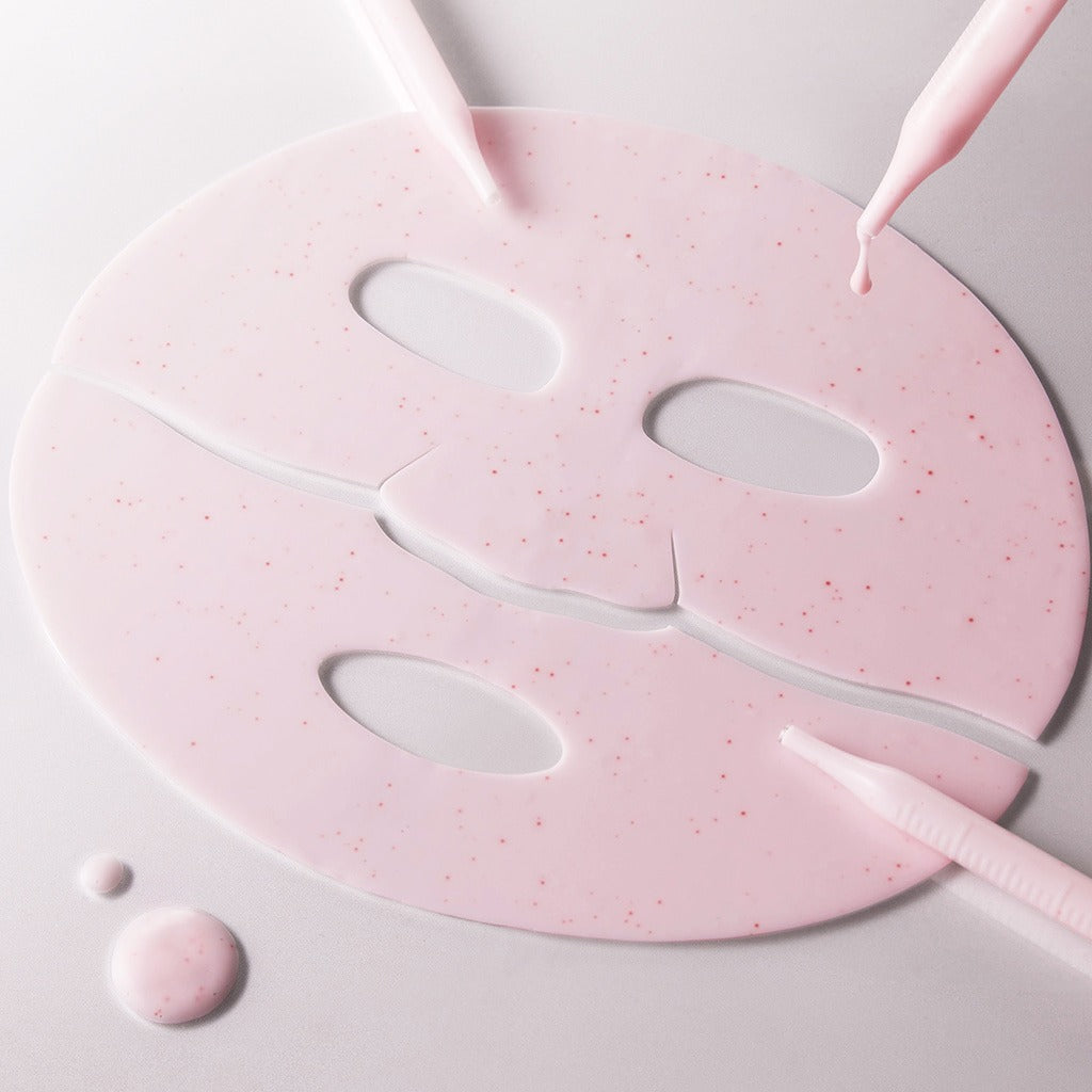 ISNTREE  Plum Peptide Plumping Gel Mask 30g x 4 sheets : masque gel à la prune sur serviette, marque ISNTREE, gouttes roses.