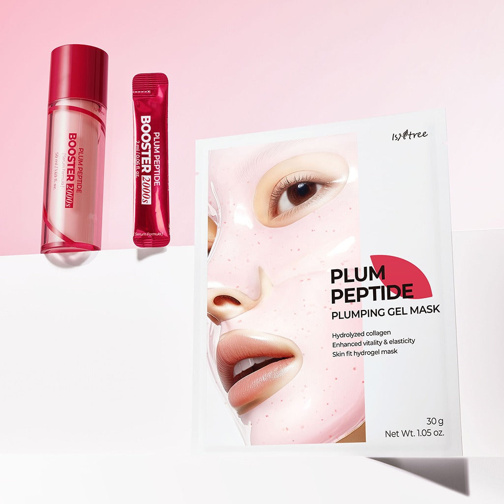 ISNTREE Plum Peptide Plumping Gel Mask 30g x 4 sheets : pack sur fond rose, avec flacon et masques ISNTREE