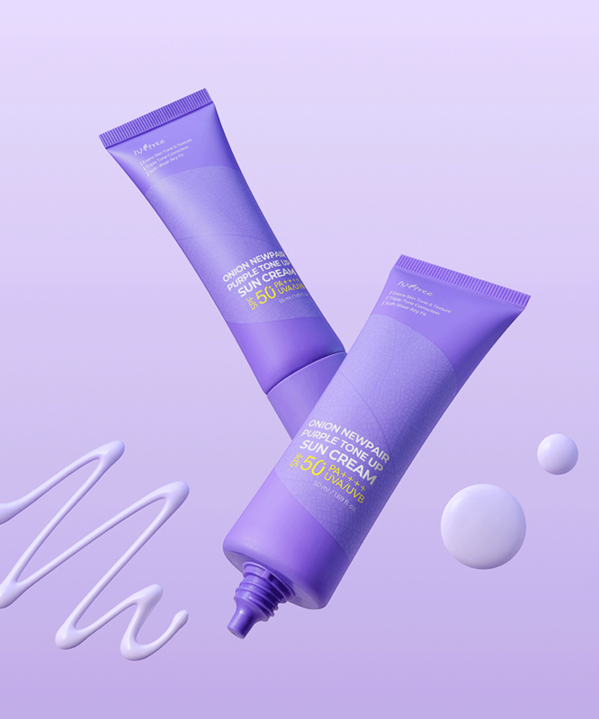 ISNTREE Onion Newpair Purple Tone-Up Sunscreen 50ml en crème pour protection solaire et teinte unifiée en flacon violet.