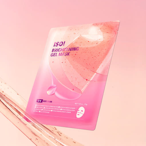 ISOI Brightening Gel Mask 29g 1 sheet, 5 pieces, masque en gel illuminant sur fond rose, marque ISOI visible