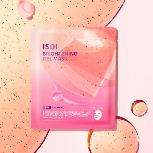 IS0I Brightening Gel Mask 29g 1 sheet, 5 pieces de la marque ISOI : masque en gel rose sur fond éclaboussé