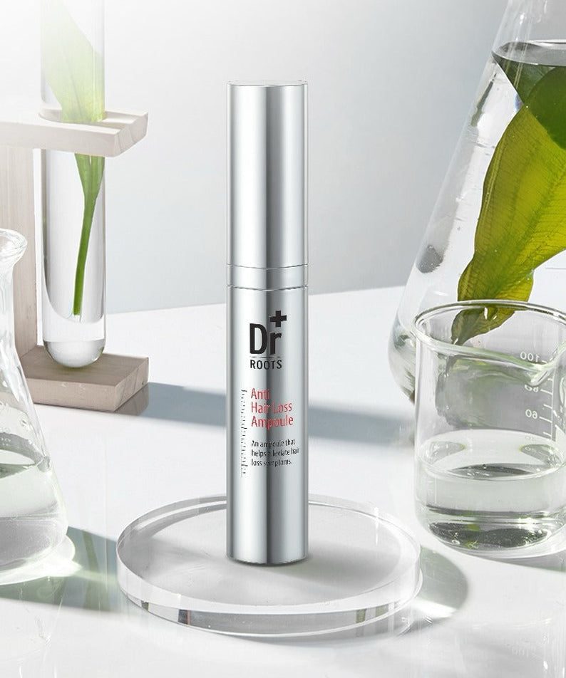 ISOI Dr.Roots Anti-Hair Loss Ampoule 10ml, flacon argenté sur fond blanc, contexte soin capillaire en laboratoire, FR