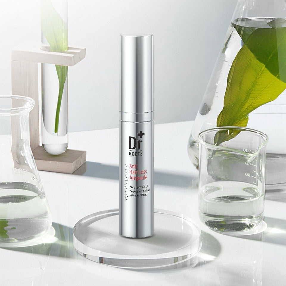 ISOI Dr.Roots Anti-Hair Loss Ampoule 10ml, flacon argenté sur fond blanc, contexte soin capillaire en laboratoire, FR