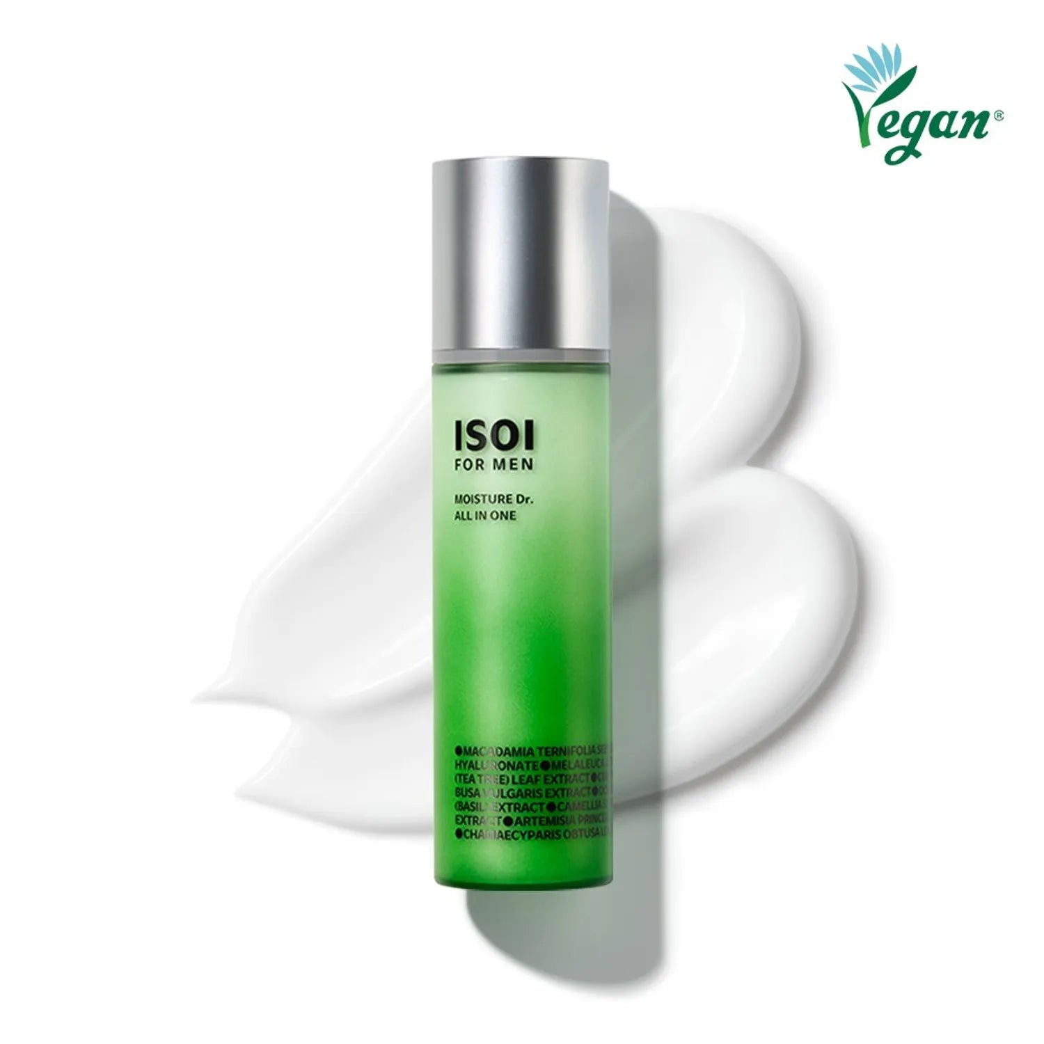 ISOI For Men Moisture Dr. All In One 100ml par ISOI, flacon vert sur fond blanc avec trace de crème, visuel produit.